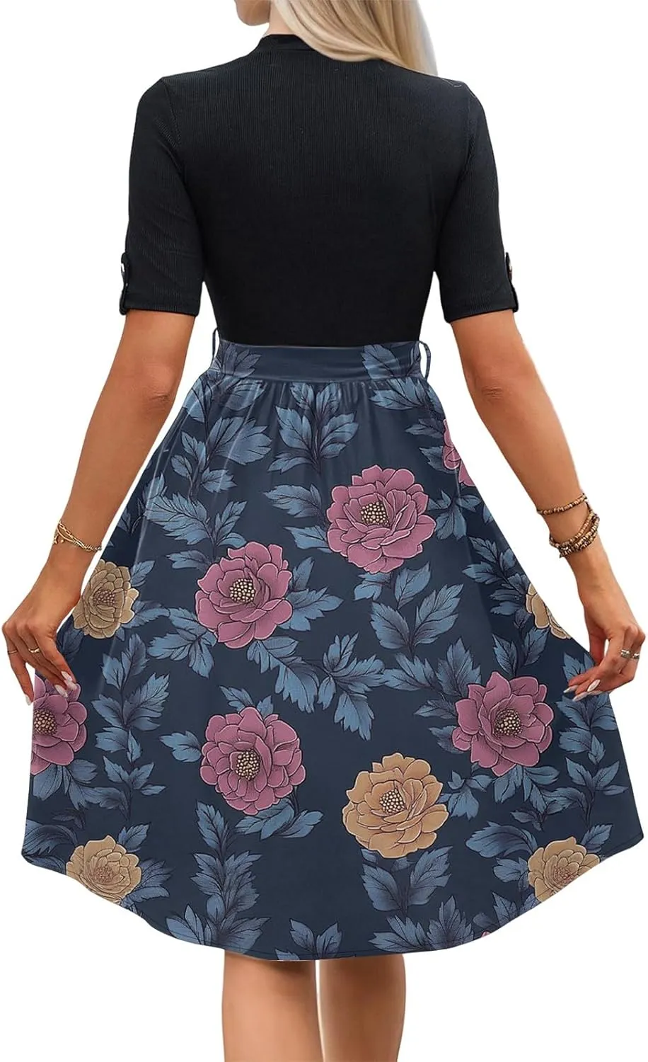 Floral Dresses Flowy Short Sleeve Empire Waist Summer Crewneck Midi Length Fashion Belted Sundresses for Women