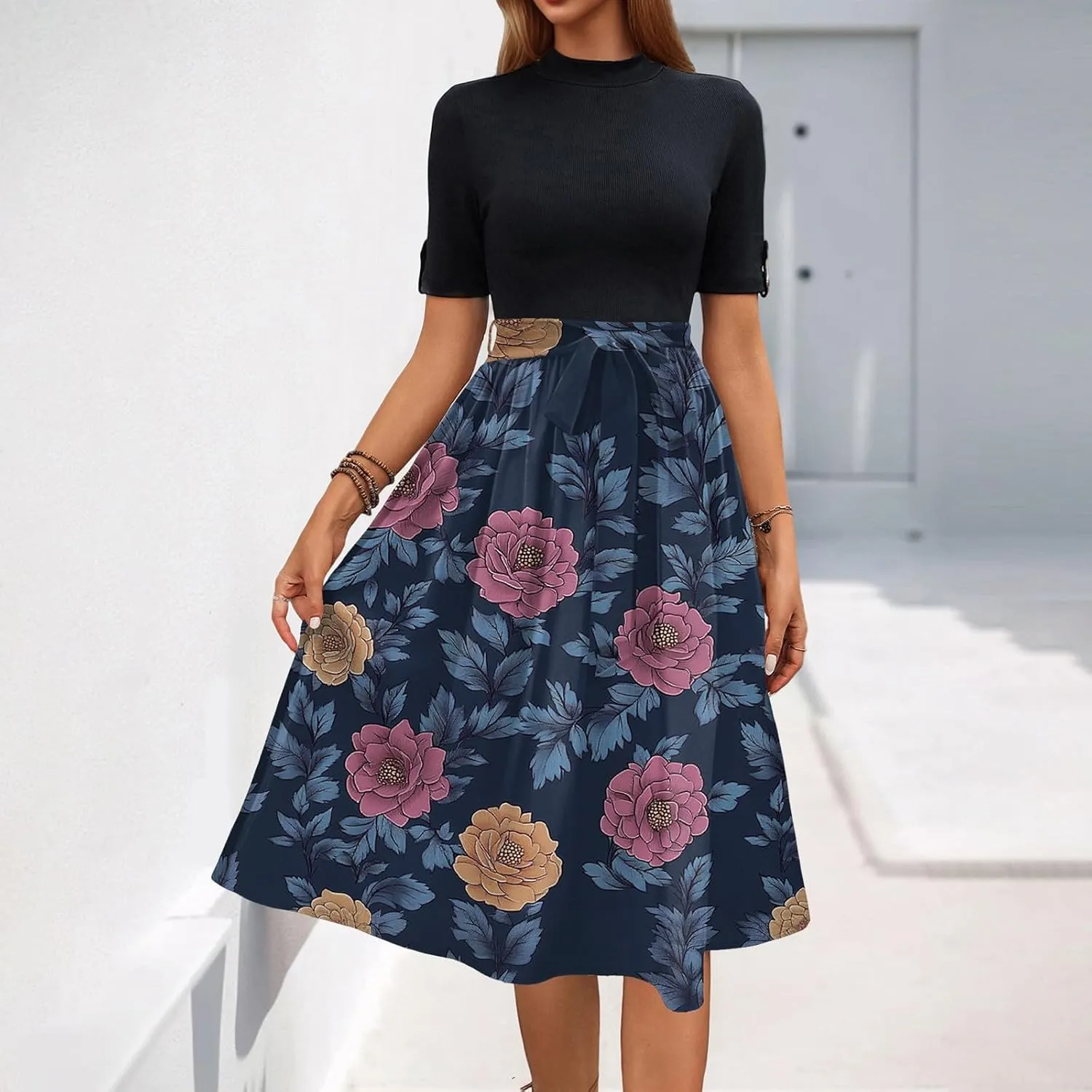 Floral Dresses Flowy Short Sleeve Empire Waist Summer Crewneck Midi Length Fashion Belted Sundresses for Women