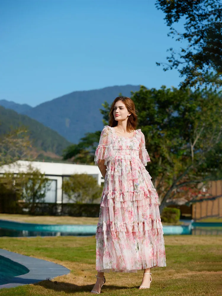Floral  Half Sleeves Ruffle Tulle Layered Wedding Guest Dresses