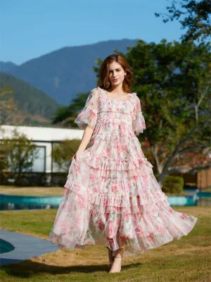 Floral  Half Sleeves Ruffle Tulle Layered Wedding Guest Dresses