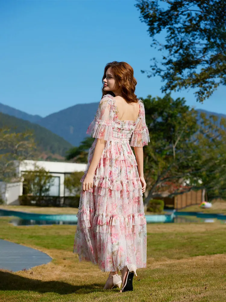 Floral  Half Sleeves Ruffle Tulle Layered Wedding Guest Dresses