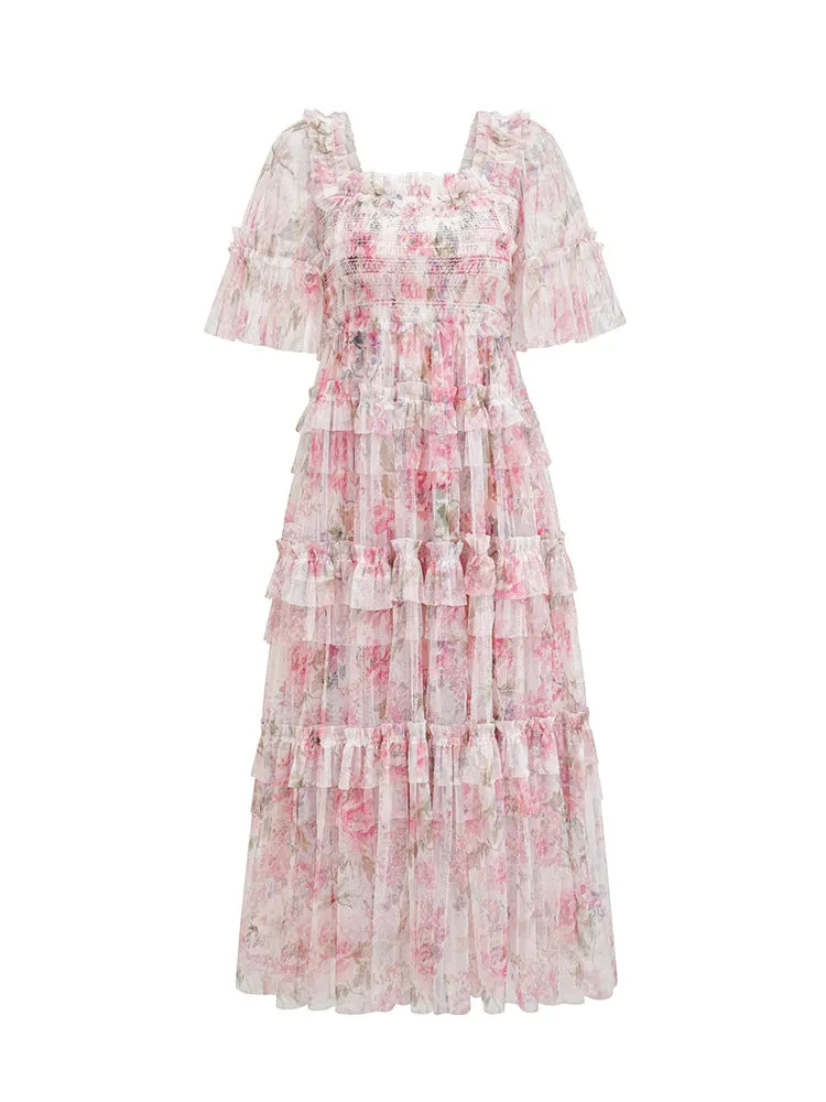 Floral  Half Sleeves Ruffle Tulle Layered Wedding Guest Dresses