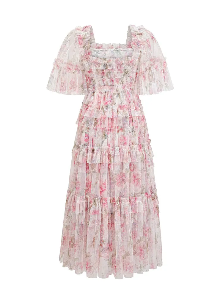 Floral  Half Sleeves Ruffle Tulle Layered Wedding Guest Dresses
