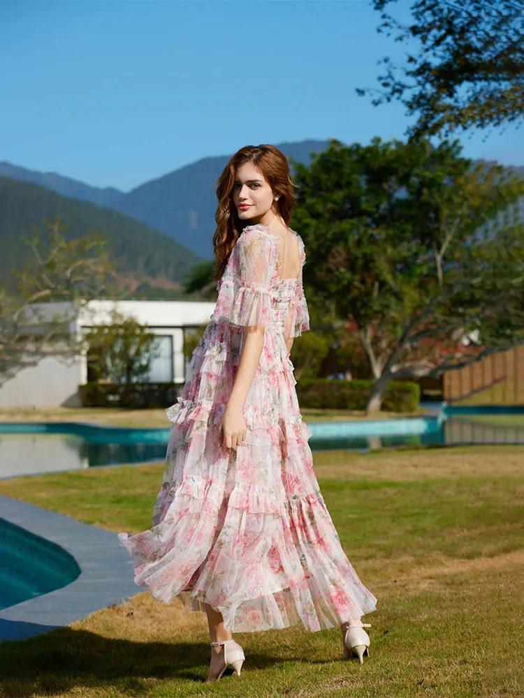 Floral  Half Sleeves Ruffle Tulle Layered Wedding Guest Dresses