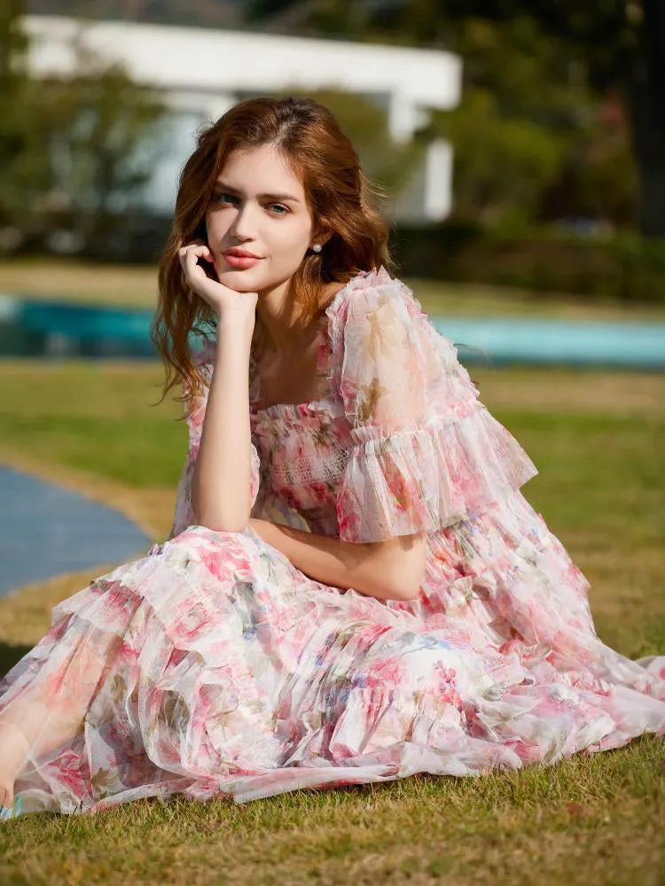 Floral  Half Sleeves Ruffle Tulle Layered Wedding Guest Dresses