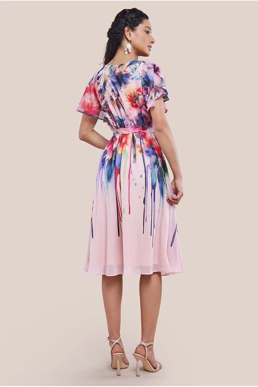 Goddiva Flutter Sleeve Floral Bodice Midi Dress - Blush