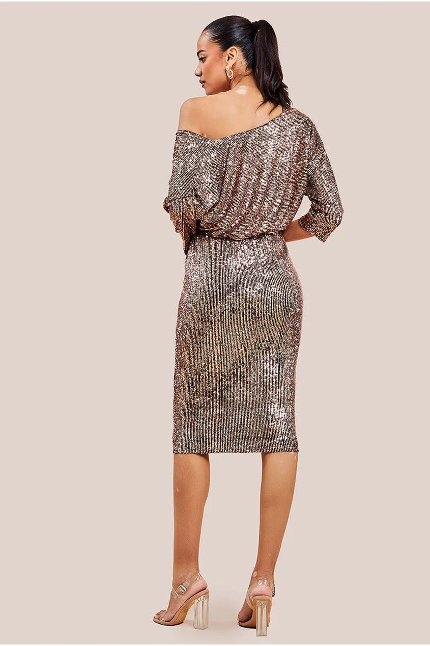 Goddiva Sequin Cowl Neck Midi Dress - Champagne