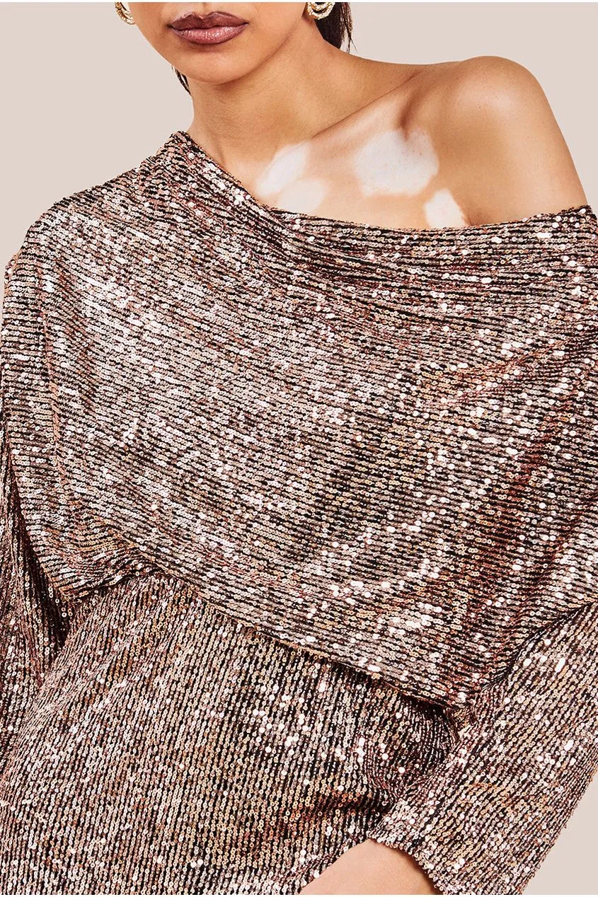 Goddiva Sequin Cowl Neck Midi Dress - Champagne