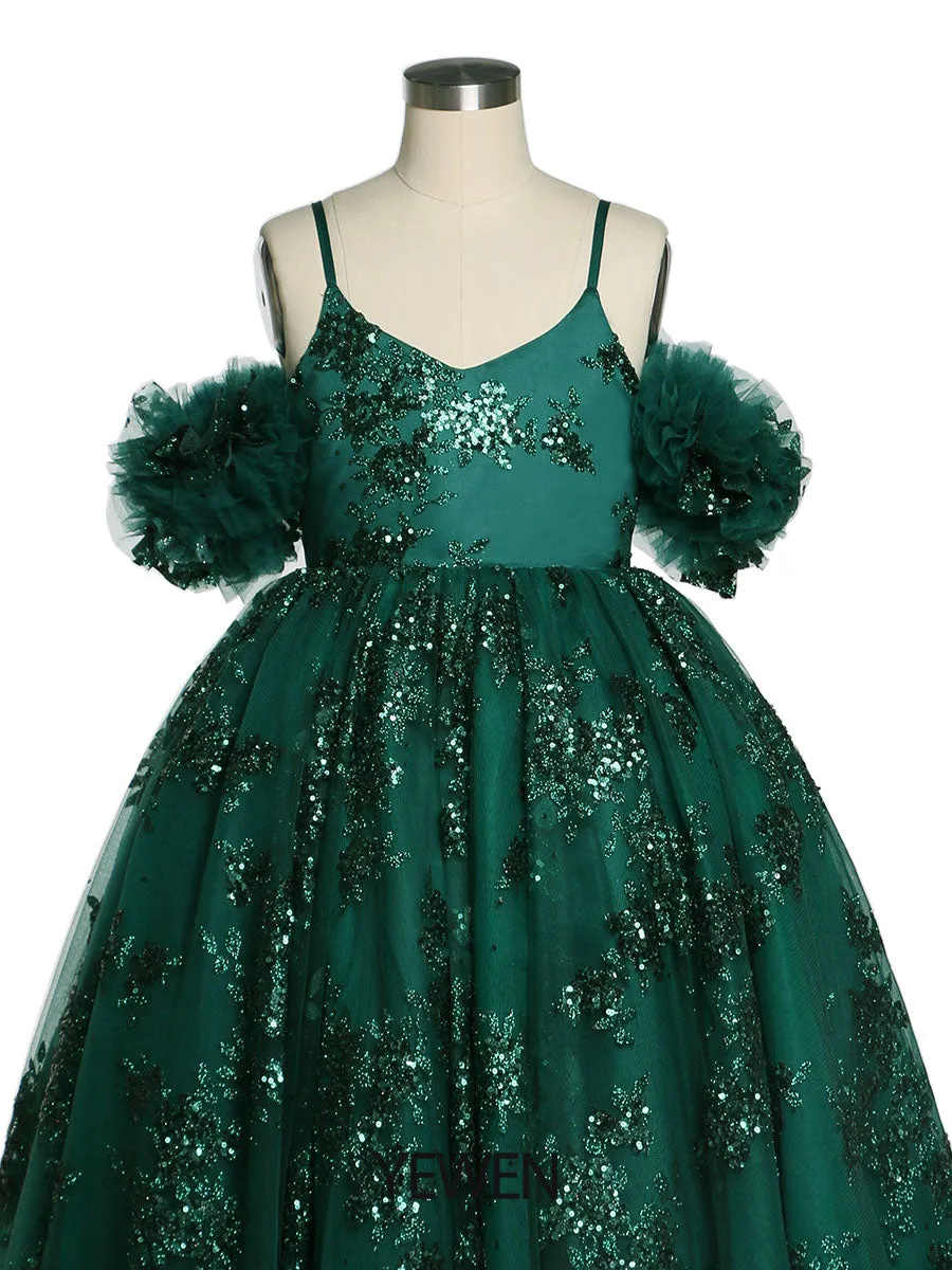 Green Sequin Tulle Flower Girls Dresses for Wedding Birthday Party Children Photo Shoot Dress YEWEN