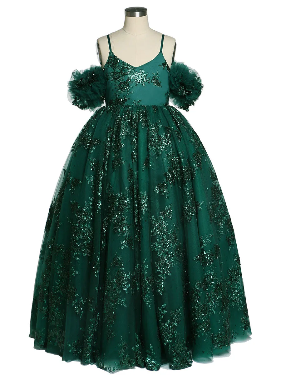 Green Sequin Tulle Flower Girls Dresses for Wedding Birthday Party Children Photo Shoot Dress YEWEN
