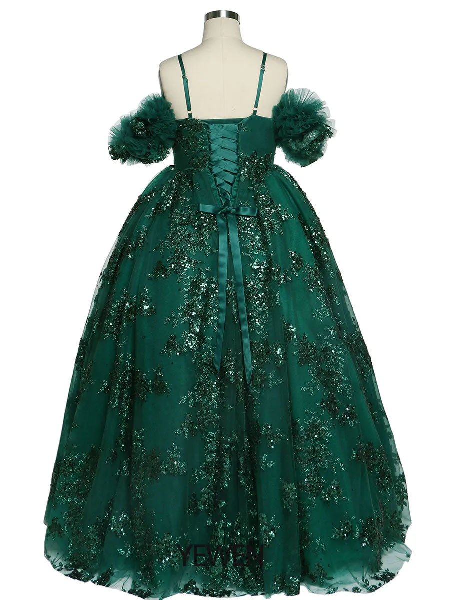 Green Sequin Tulle Flower Girls Dresses for Wedding Birthday Party Children Photo Shoot Dress YEWEN