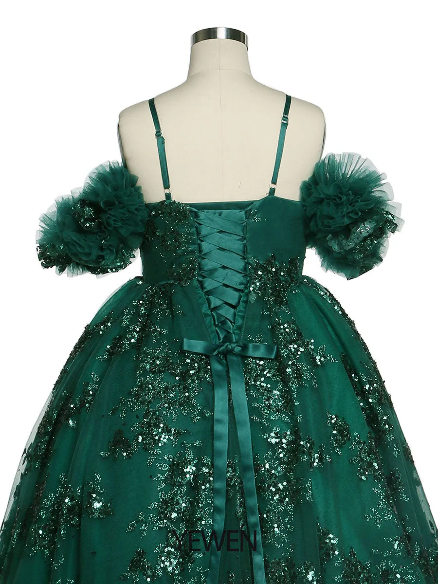 Green Sequin Tulle Flower Girls Dresses for Wedding Birthday Party Children Photo Shoot Dress YEWEN