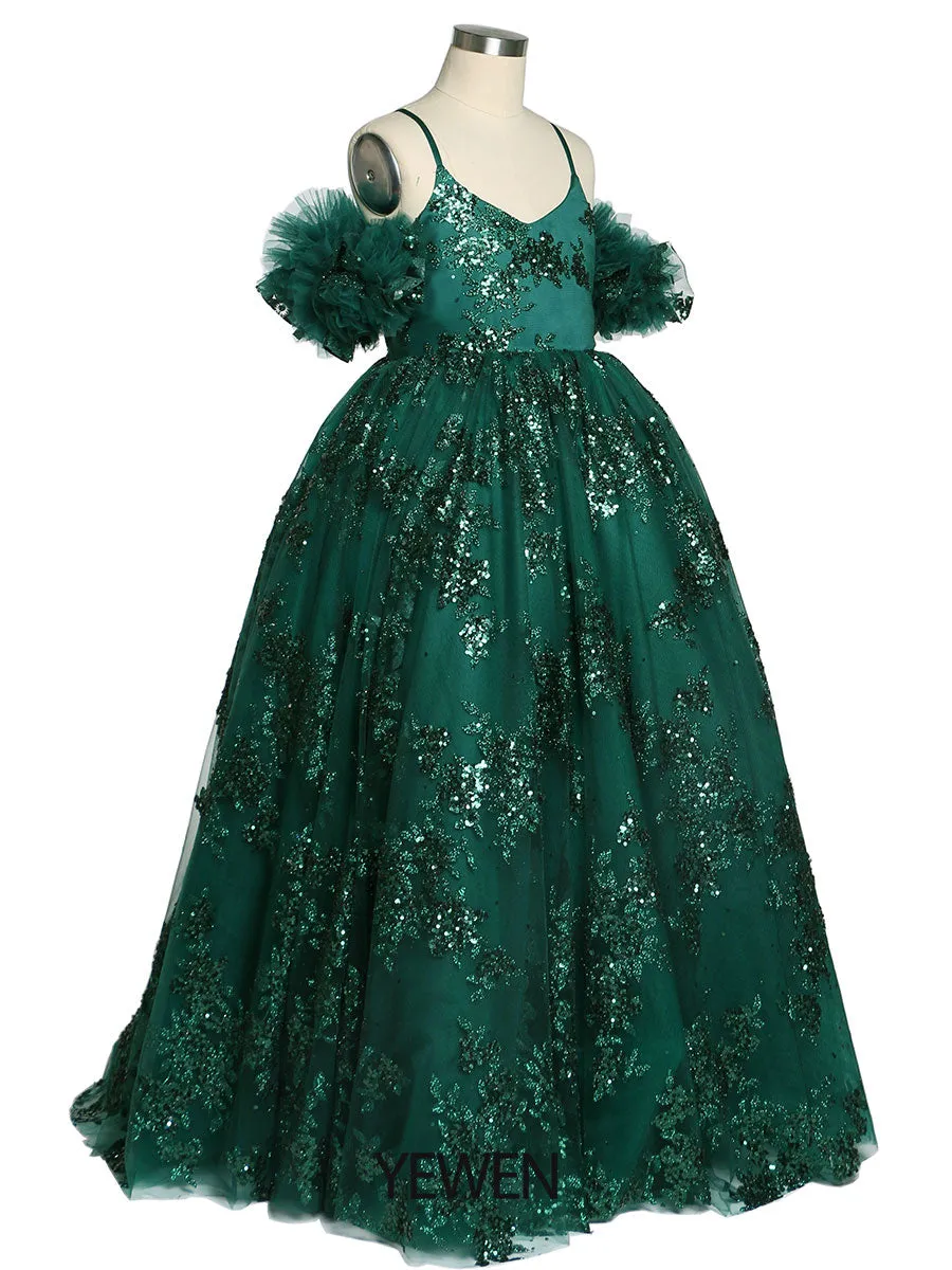 Green Sequin Tulle Flower Girls Dresses for Wedding Birthday Party Children Photo Shoot Dress YEWEN