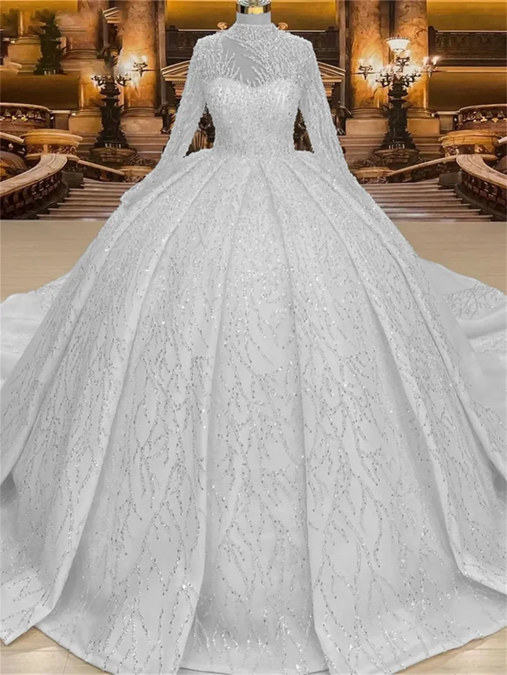 High Neck Ball Gown Wedding Dress With Luxury Beads Sequins Long Sleeve Bride Dresses Long Train Bridal Gown Real Images