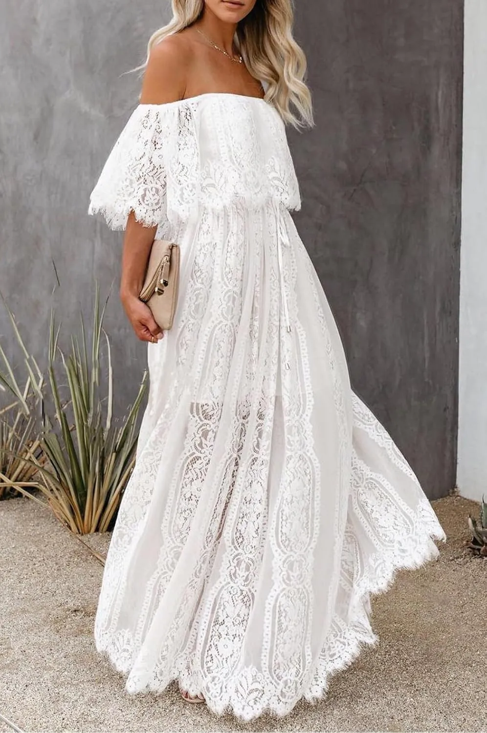 HOYISHION Women's Off The Shoulder Floral Lace Maxi Dress White Bridesmaid Wedding Party Maternity Photoshoot Long Dresses