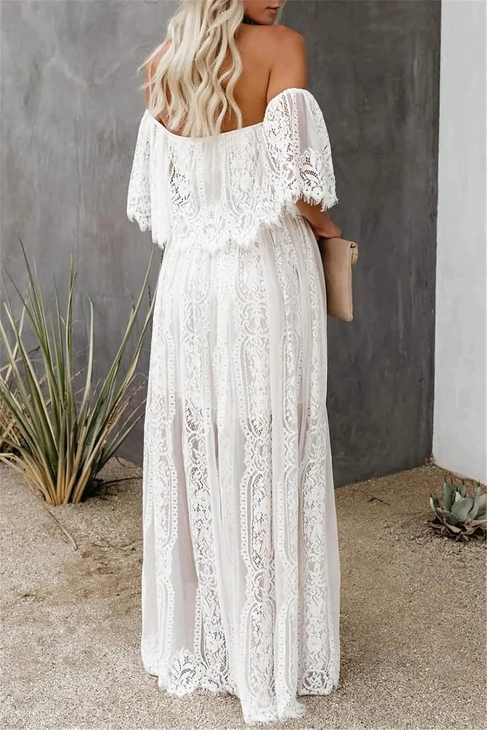 HOYISHION Women's Off The Shoulder Floral Lace Maxi Dress White Bridesmaid Wedding Party Maternity Photoshoot Long Dresses