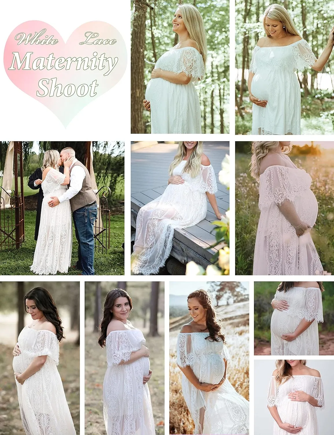 HOYISHION Women's Off The Shoulder Floral Lace Maxi Dress White Bridesmaid Wedding Party Maternity Photoshoot Long Dresses