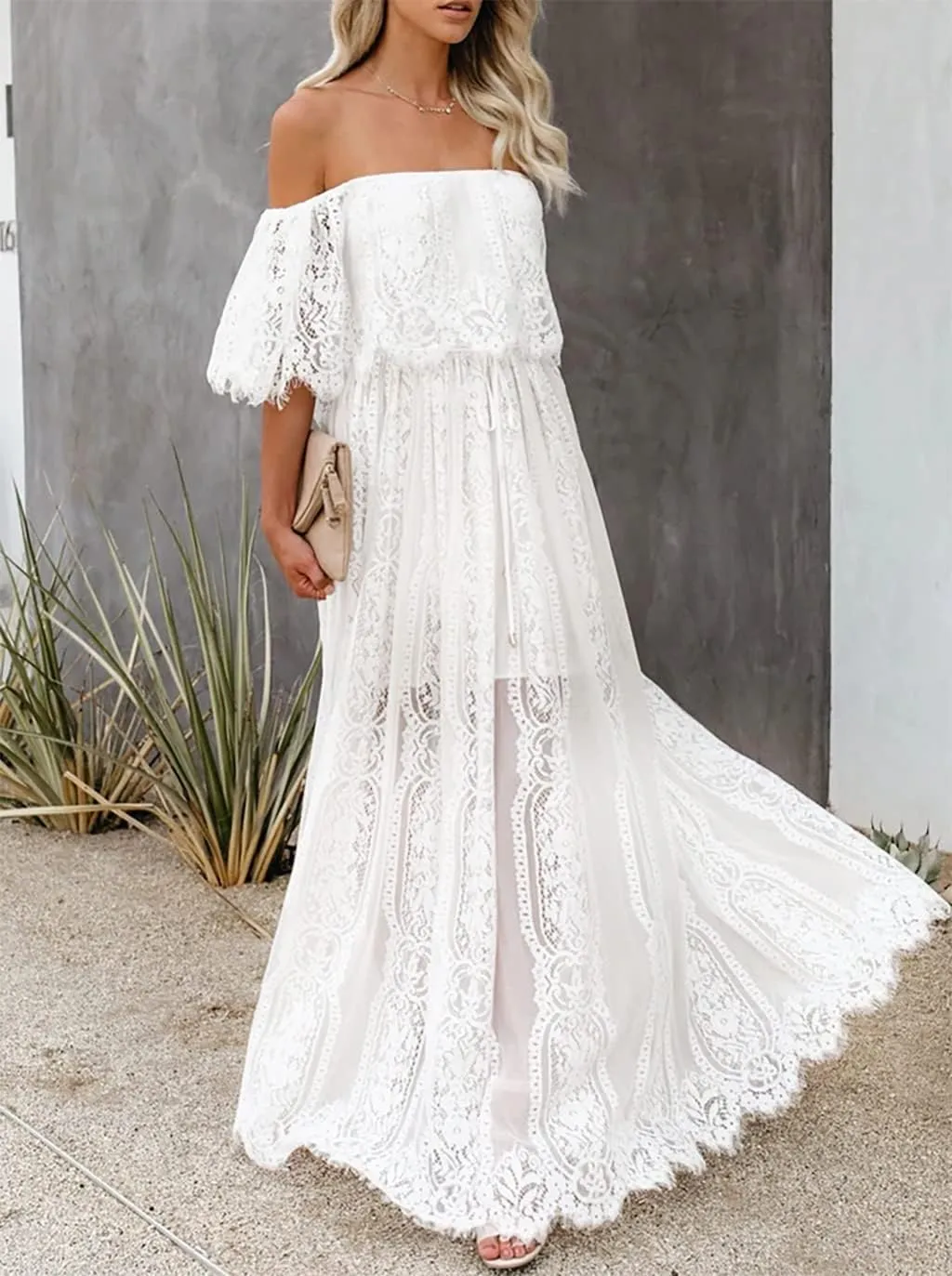 HOYISHION Women's Off The Shoulder Floral Lace Maxi Dress White Bridesmaid Wedding Party Maternity Photoshoot Long Dresses