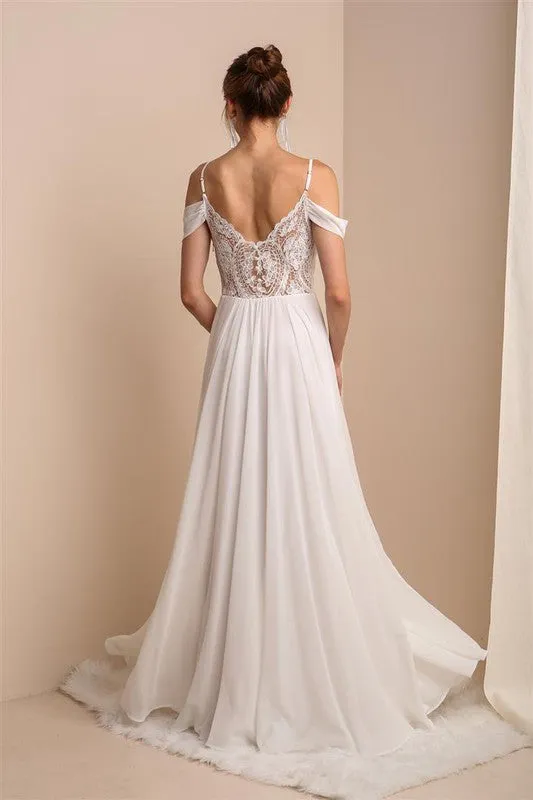 Ivory Beautiful Dress With Shoulder Detail And See-through Lace Back With Side Slit