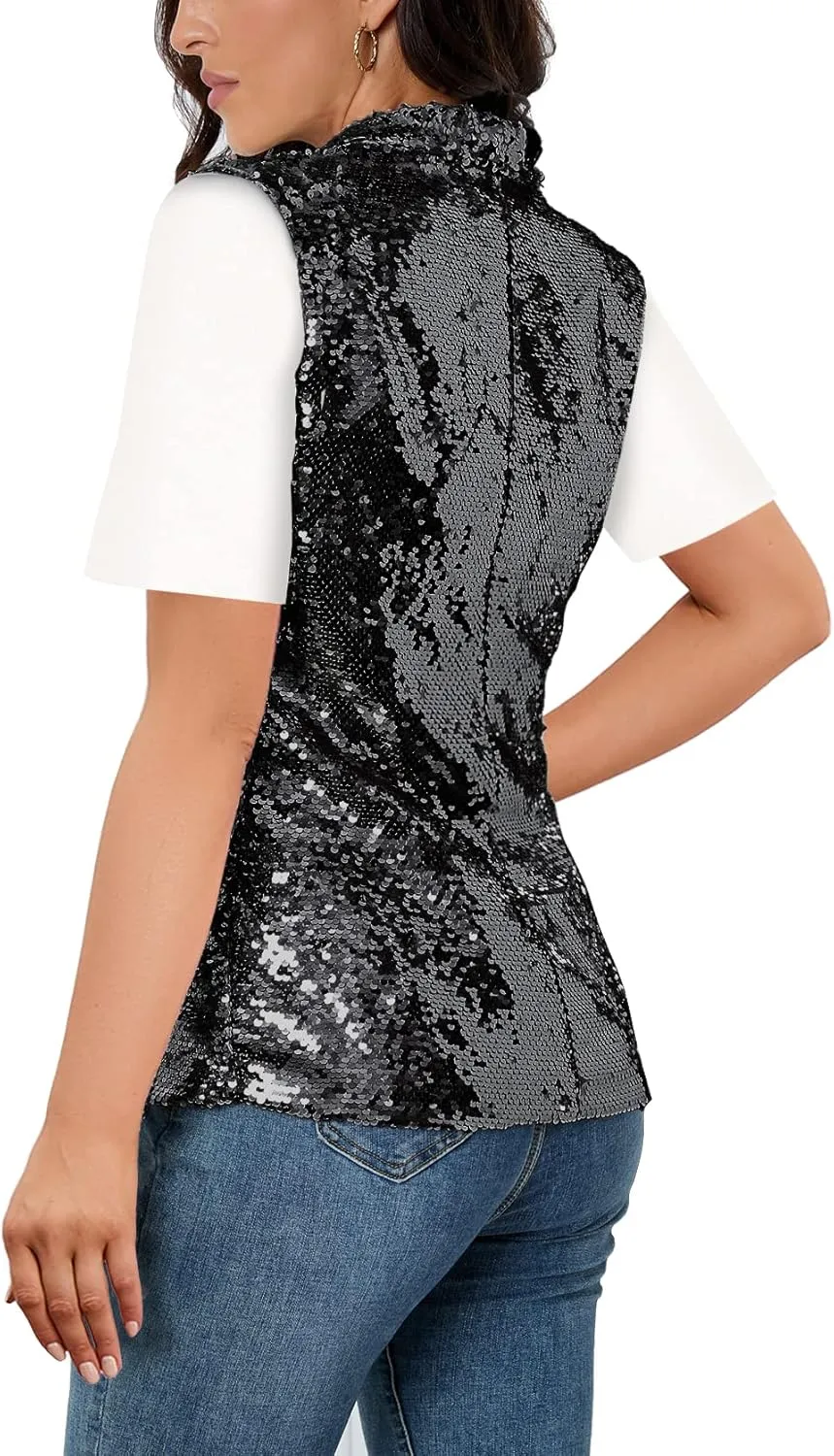 IWFEV Women's Sequins Blazer Long Sleeve Sparkle Open Front Jacket Shawl Collar Cardigan