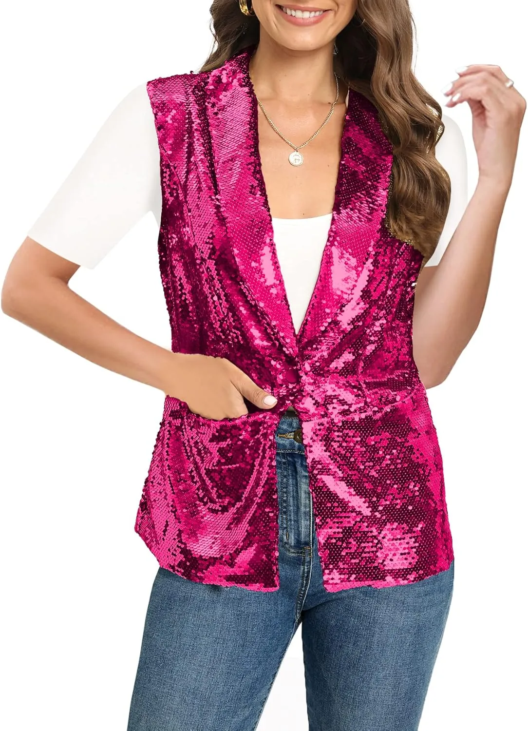 IWFEV Women's Sequins Blazer Long Sleeve Sparkle Open Front Jacket Shawl Collar Cardigan