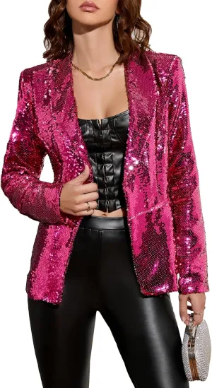 IWFEV Women's Sequins Blazer Long Sleeve Sparkle Open Front Jacket Shawl Collar Cardigan