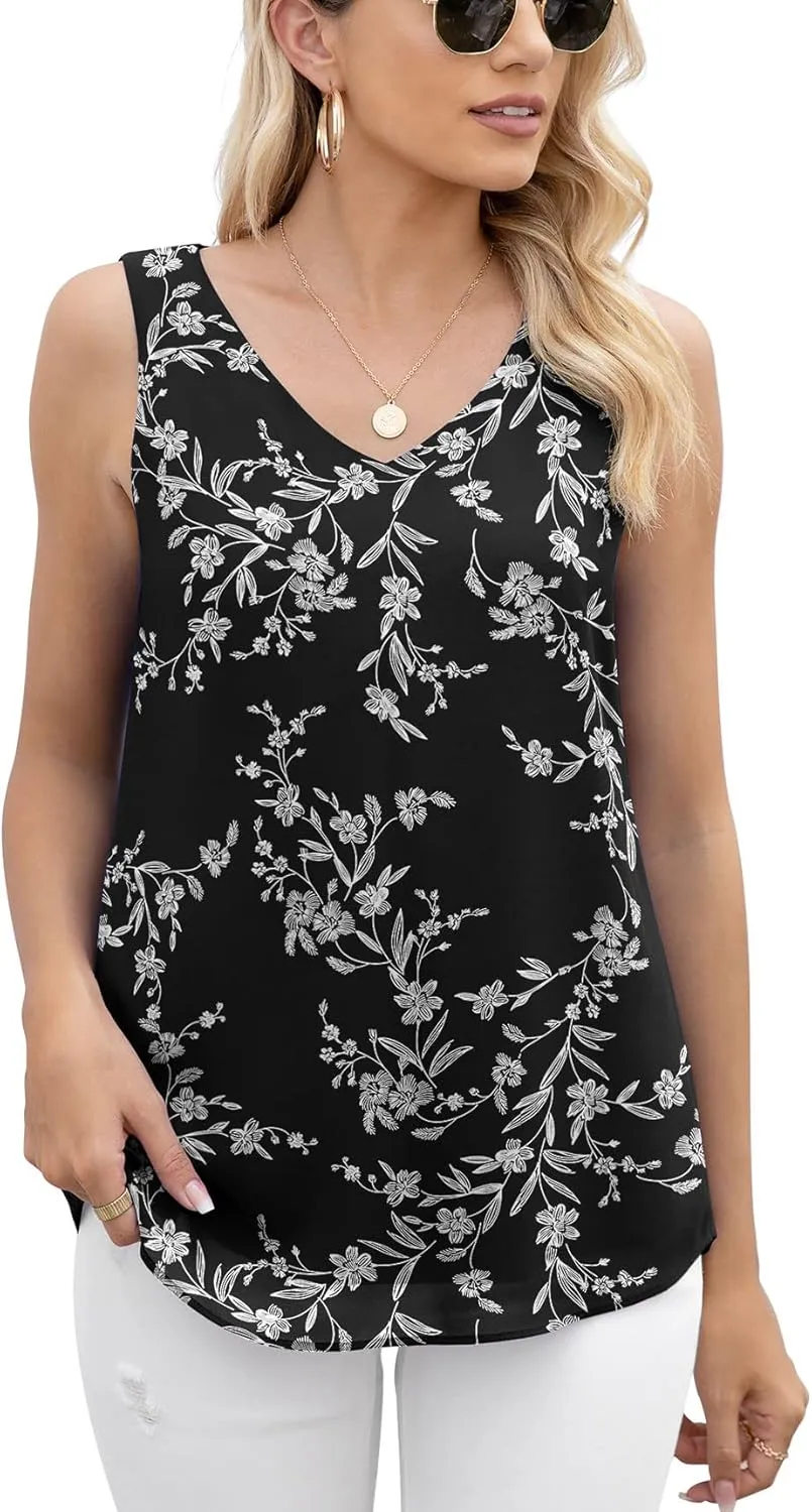 Jouica Women's Summer Sleeveless Chiffon Blouse Business Casual Tank Flowy Tops for Women