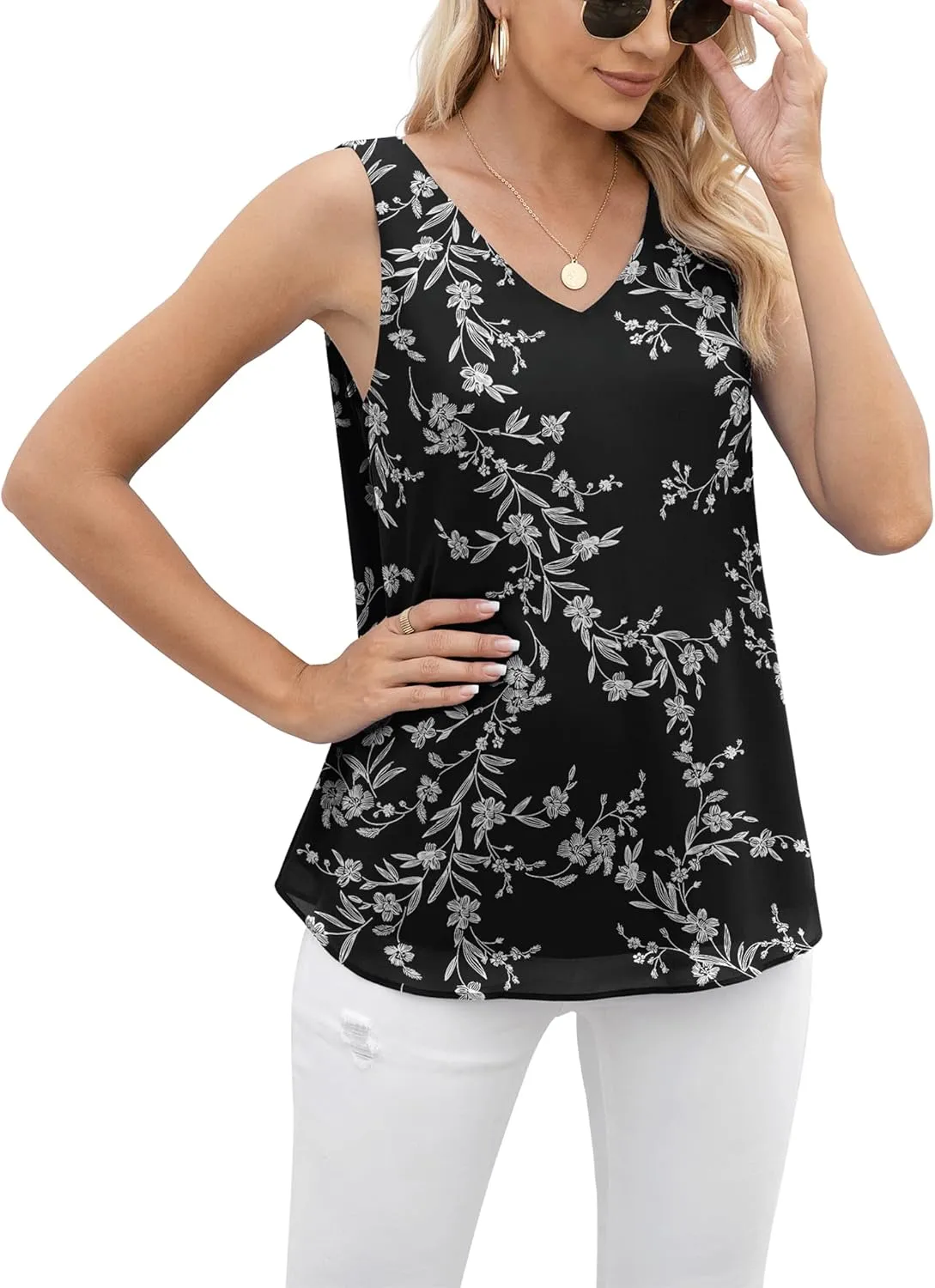 Jouica Women's Summer Sleeveless Chiffon Blouse Business Casual Tank Flowy Tops for Women