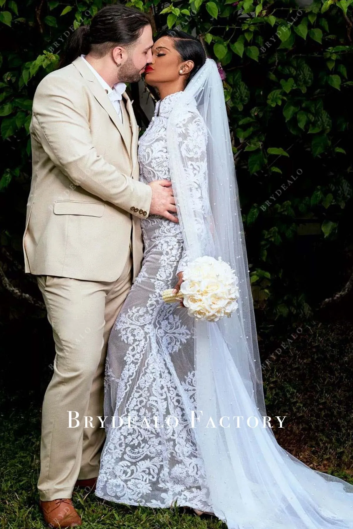 Lace Sleeve Cutouts Mermaid Long Train Wedding Dress