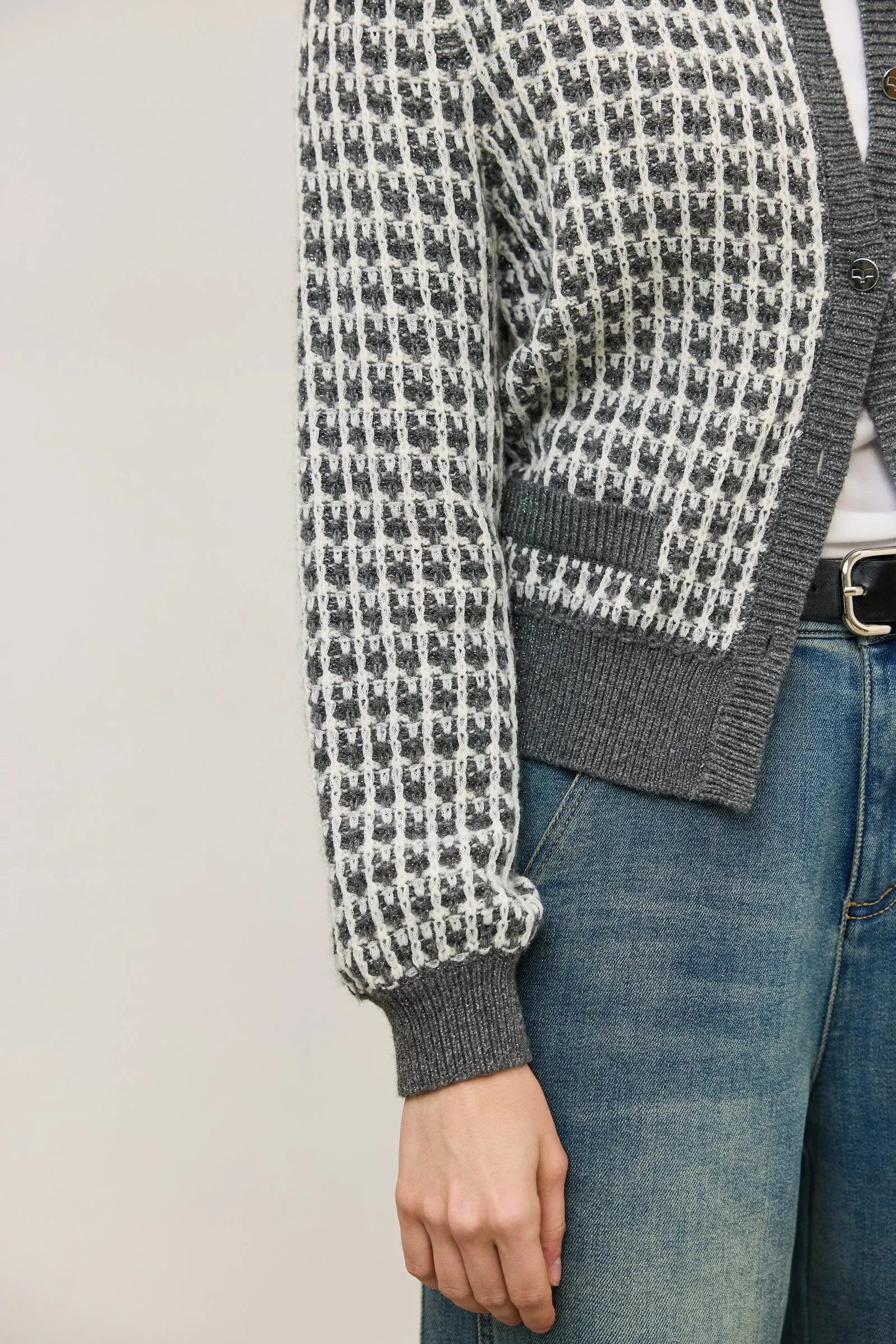 LILY Gray-Tone Plaid Crewneck Knit Cardigan