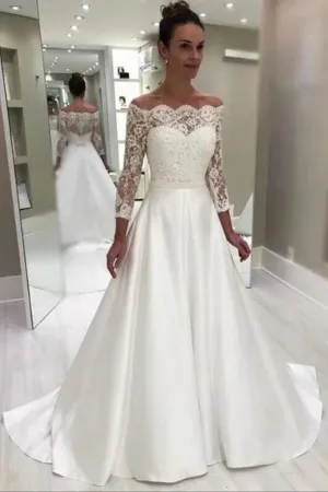 Long Sleeve Illusion Neck Satin Wedding Dress Lace Top Wedding Dress