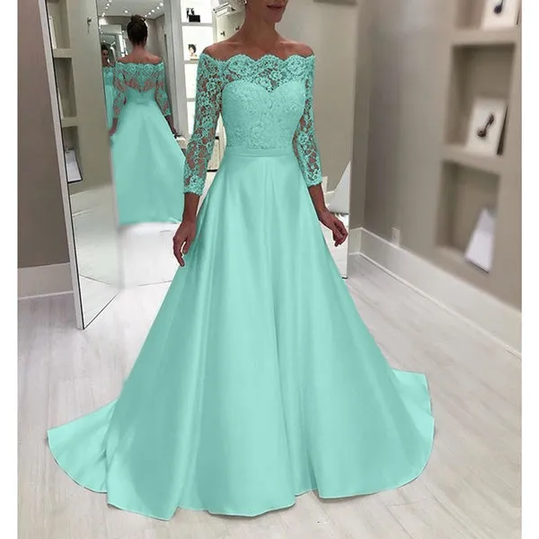 Long Sleeve Illusion Neck Satin Wedding Dress Lace Top Wedding Dress