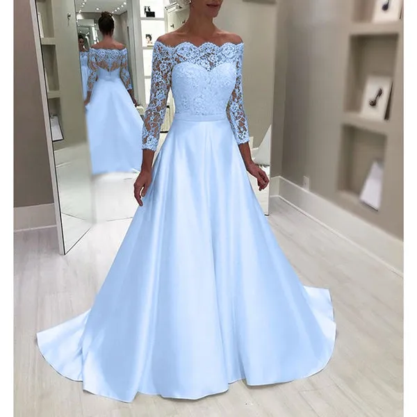 Long Sleeve Illusion Neck Satin Wedding Dress Lace Top Wedding Dress