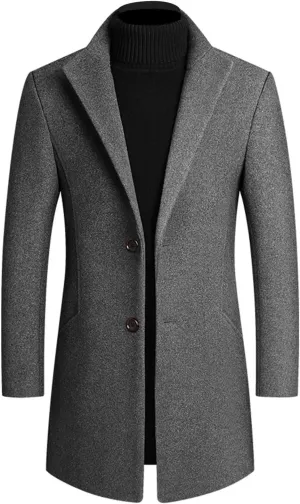 Lu's Chic Men's Wool Blend Coat Slim Fit Pea Coats Winter Thermal Single Breasted Coat Jacket Pocket Long Sleeve Overcoat
