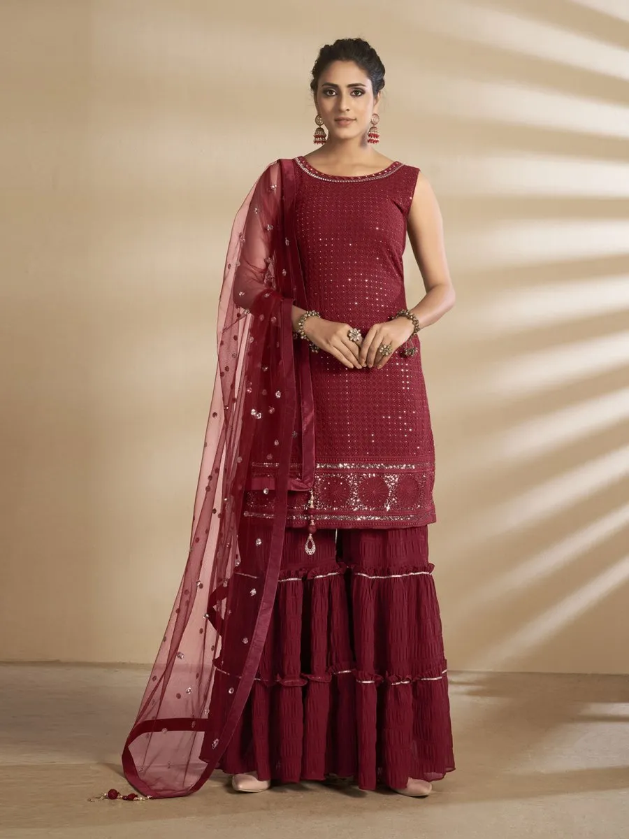 Maroon Georgette Wedding Sharara Suit