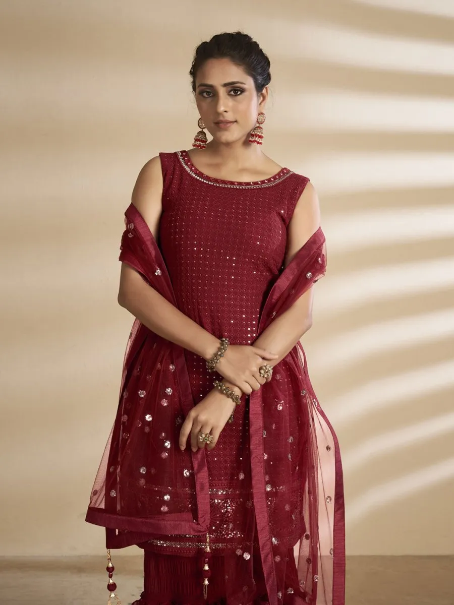 Maroon Georgette Wedding Sharara Suit