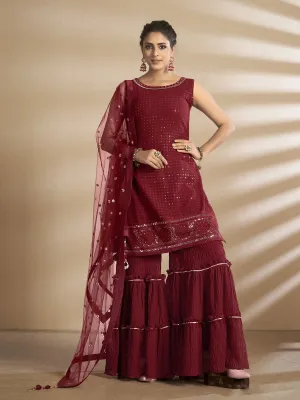 Maroon Georgette Wedding Sharara Suit