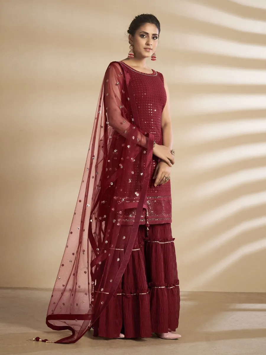 Maroon Georgette Wedding Sharara Suit