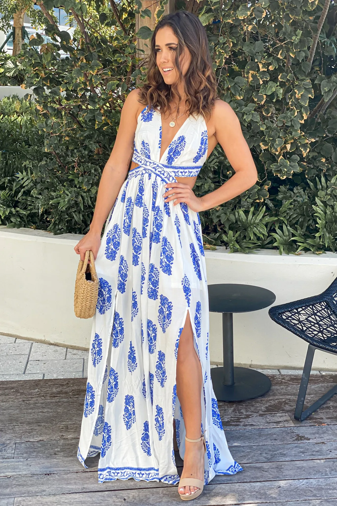 Off White Printed Cut Out Maxi Dress