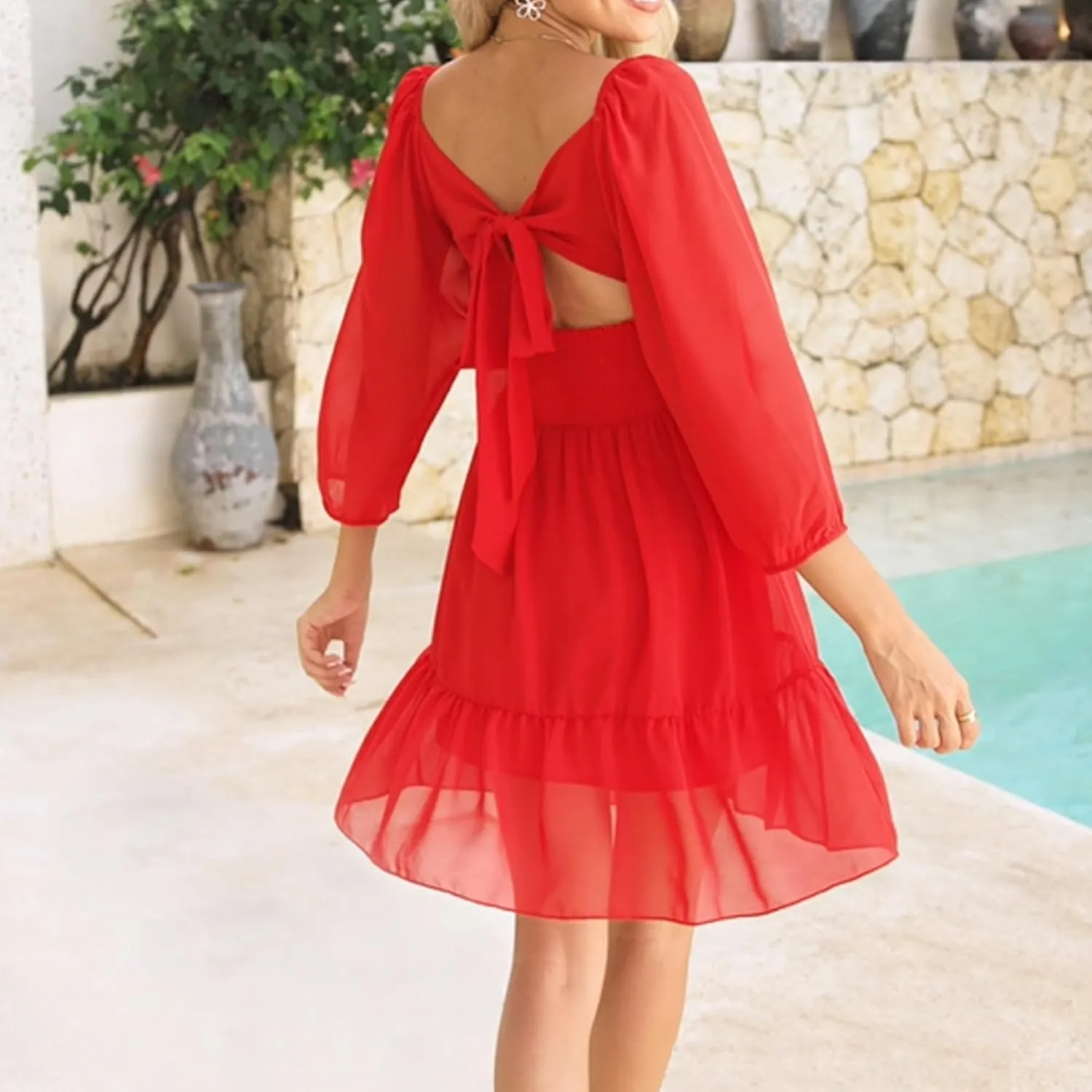 PUKAVT Women's Summer Dresses 2025 Square Neck Tie Back 3/4 Lantern Sleeve Vintage Chiffon Short Dress