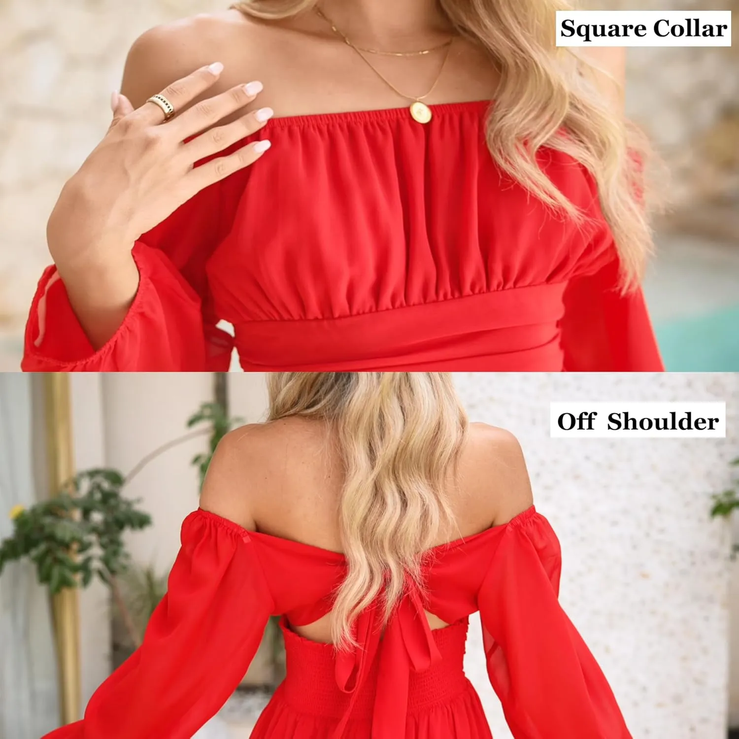 PUKAVT Women's Summer Dresses 2025 Square Neck Tie Back 3/4 Lantern Sleeve Vintage Chiffon Short Dress