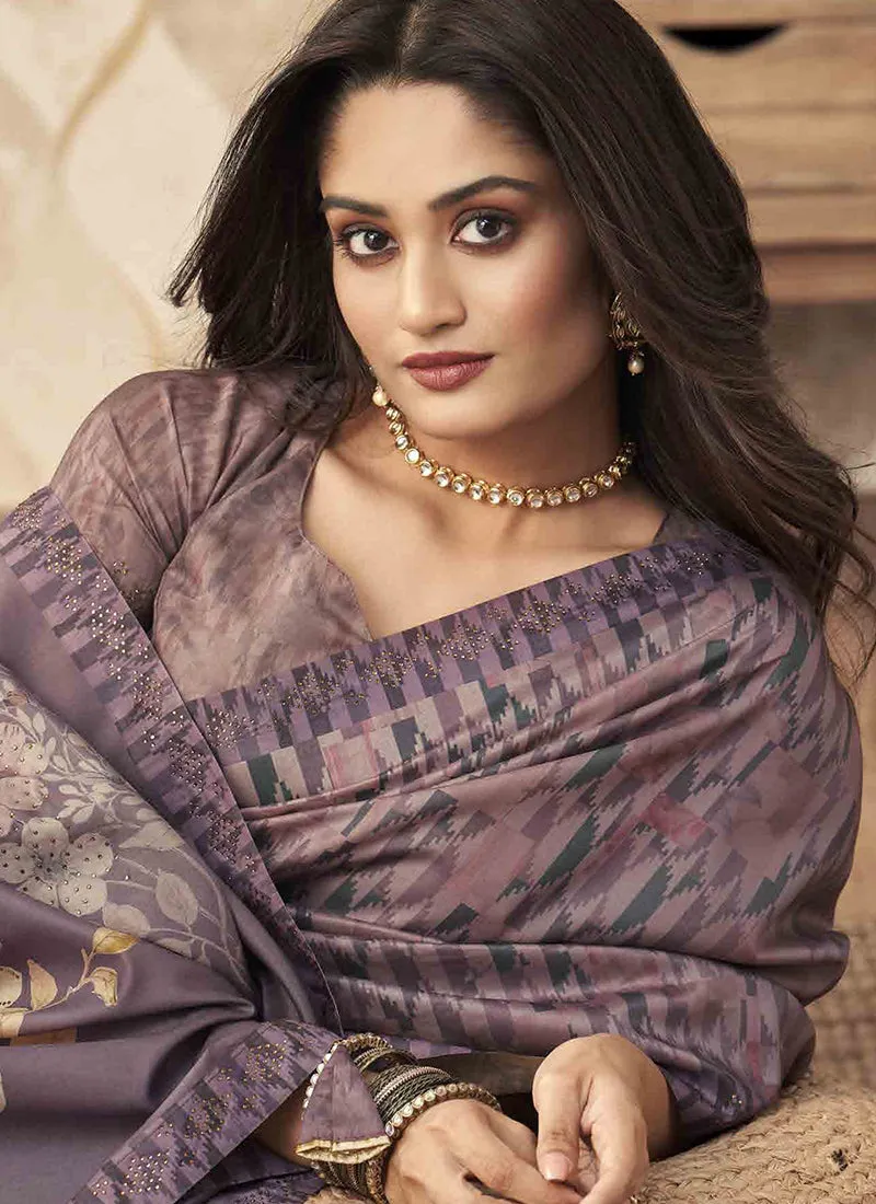 Purple Two Tone Digital Floral Printed Silk Saree