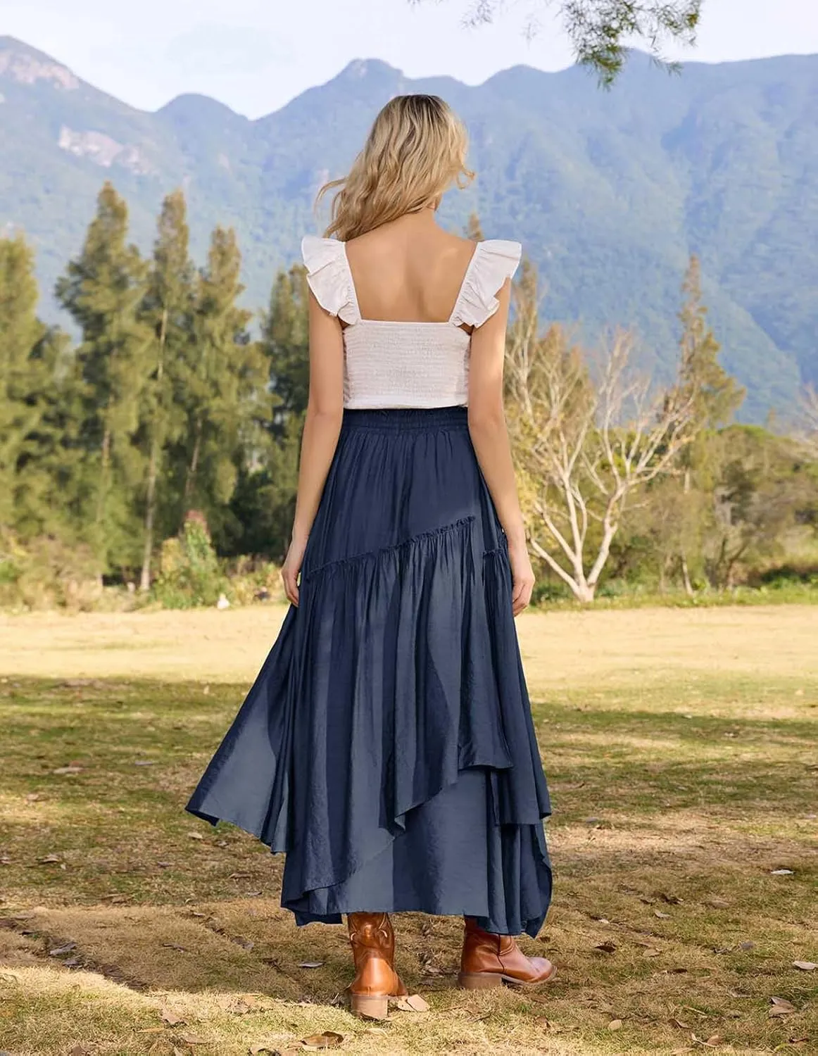 Scarlet Darkness Women Renaissance Layered Long Skirt Elastic High Waist Tiered Skirt with Pockets