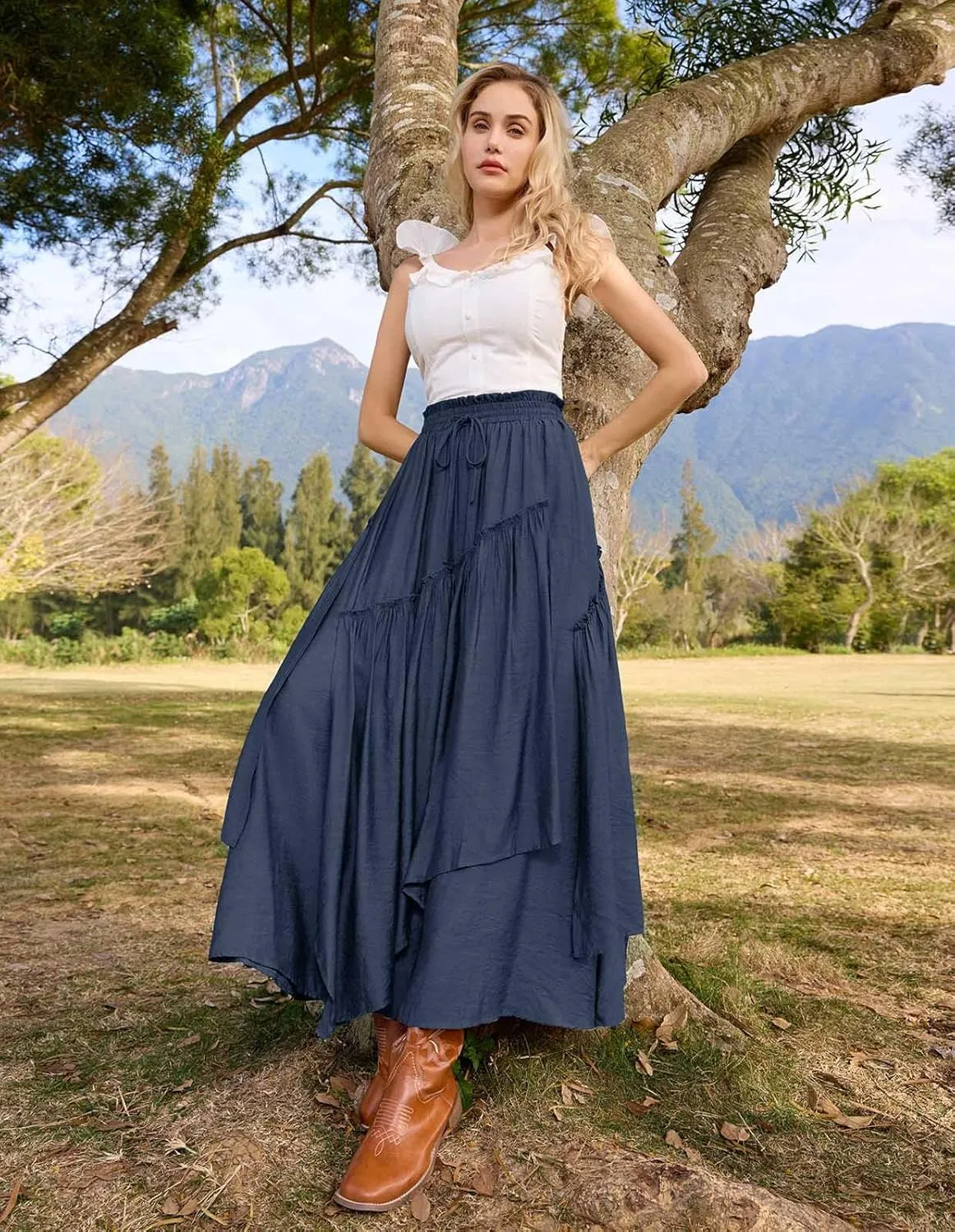 Scarlet Darkness Women Renaissance Layered Long Skirt Elastic High Waist Tiered Skirt with Pockets