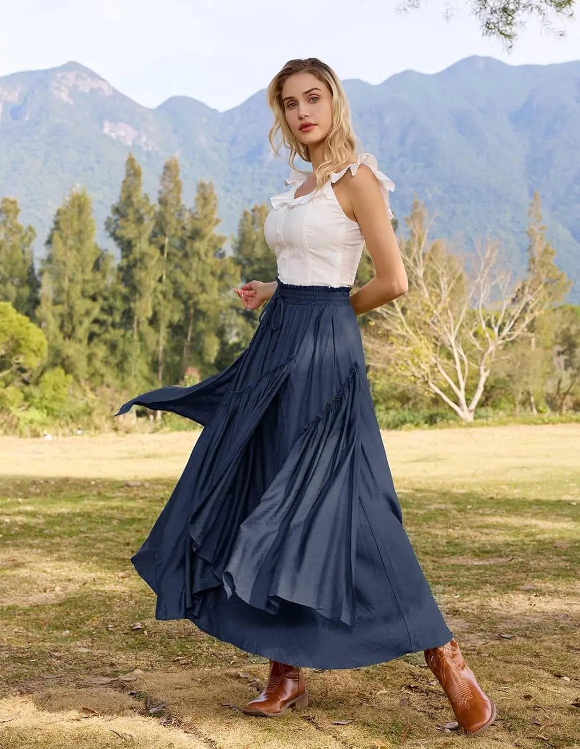 Scarlet Darkness Women Renaissance Layered Long Skirt Elastic High Waist Tiered Skirt with Pockets