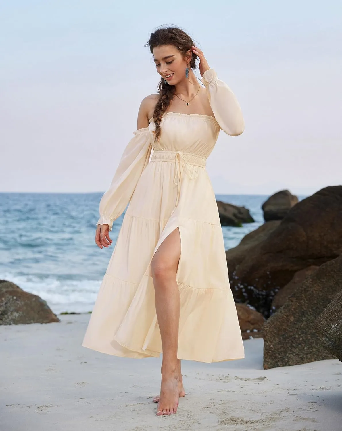 Scarlet Darkness Women's Renaissance Dress Off Shoulder Long Sleeve Flowy Dresses with Slit