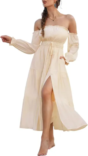 Scarlet Darkness Women's Renaissance Dress Off Shoulder Long Sleeve Flowy Dresses with Slit