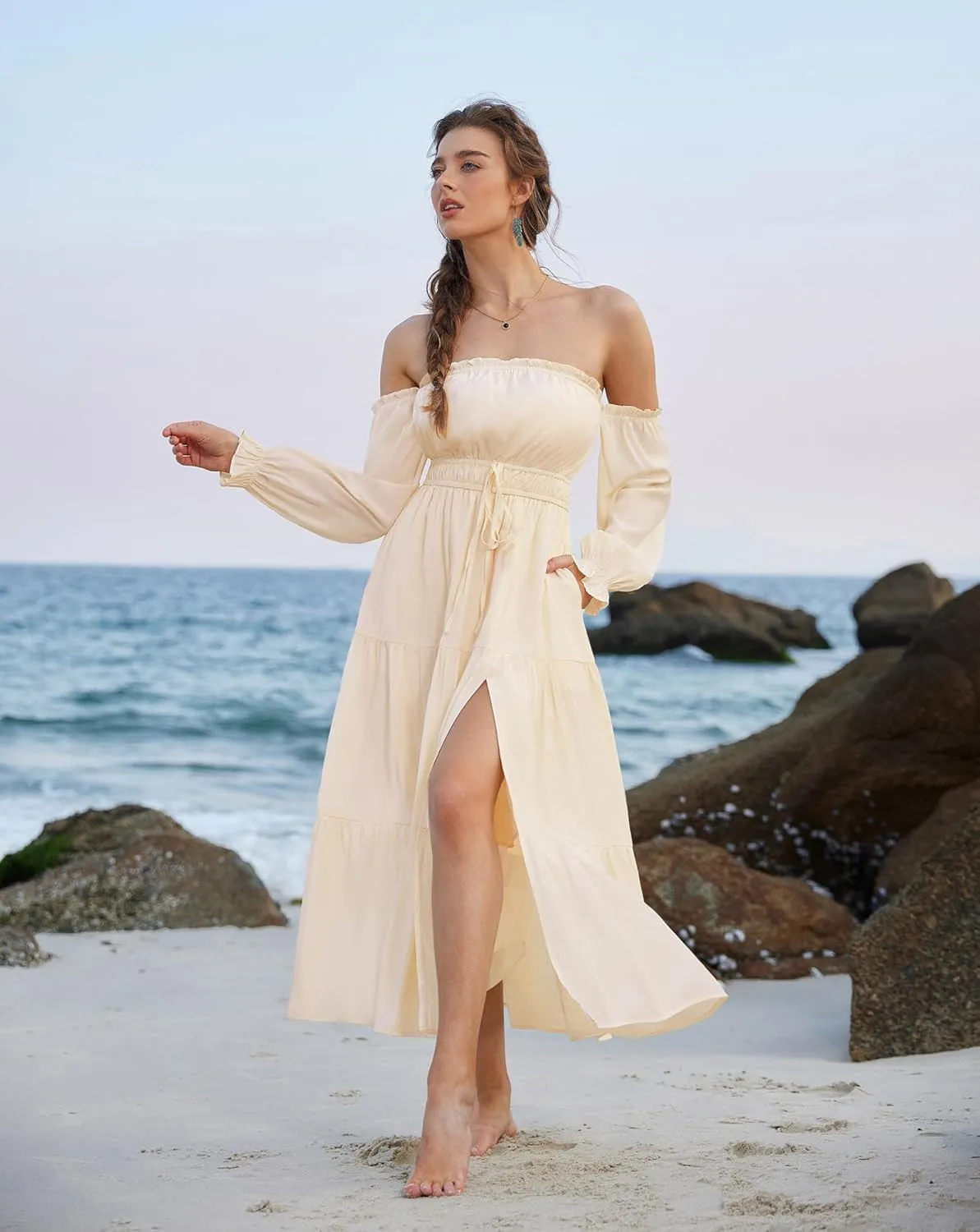 Scarlet Darkness Women's Renaissance Dress Off Shoulder Long Sleeve Flowy Dresses with Slit