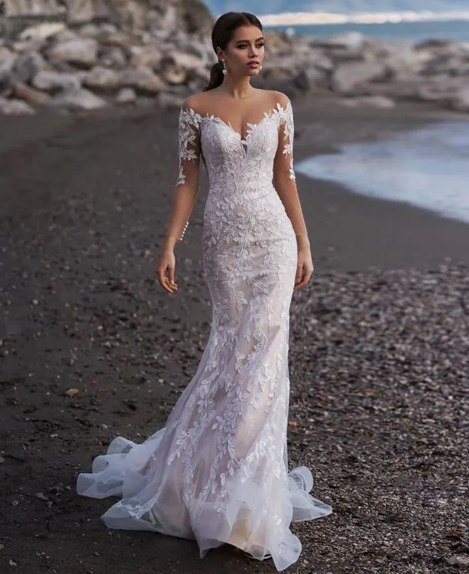 Scoop Long Sleeves Mermaid Wedding Sweep Train Lace Bridal Gown Dress