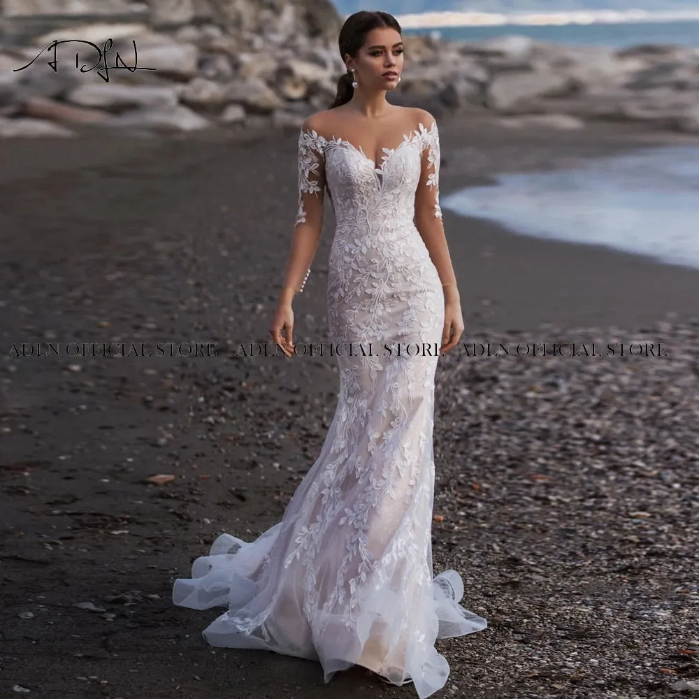 Scoop Long Sleeves Mermaid Wedding Sweep Train Lace Bridal Gown Dress